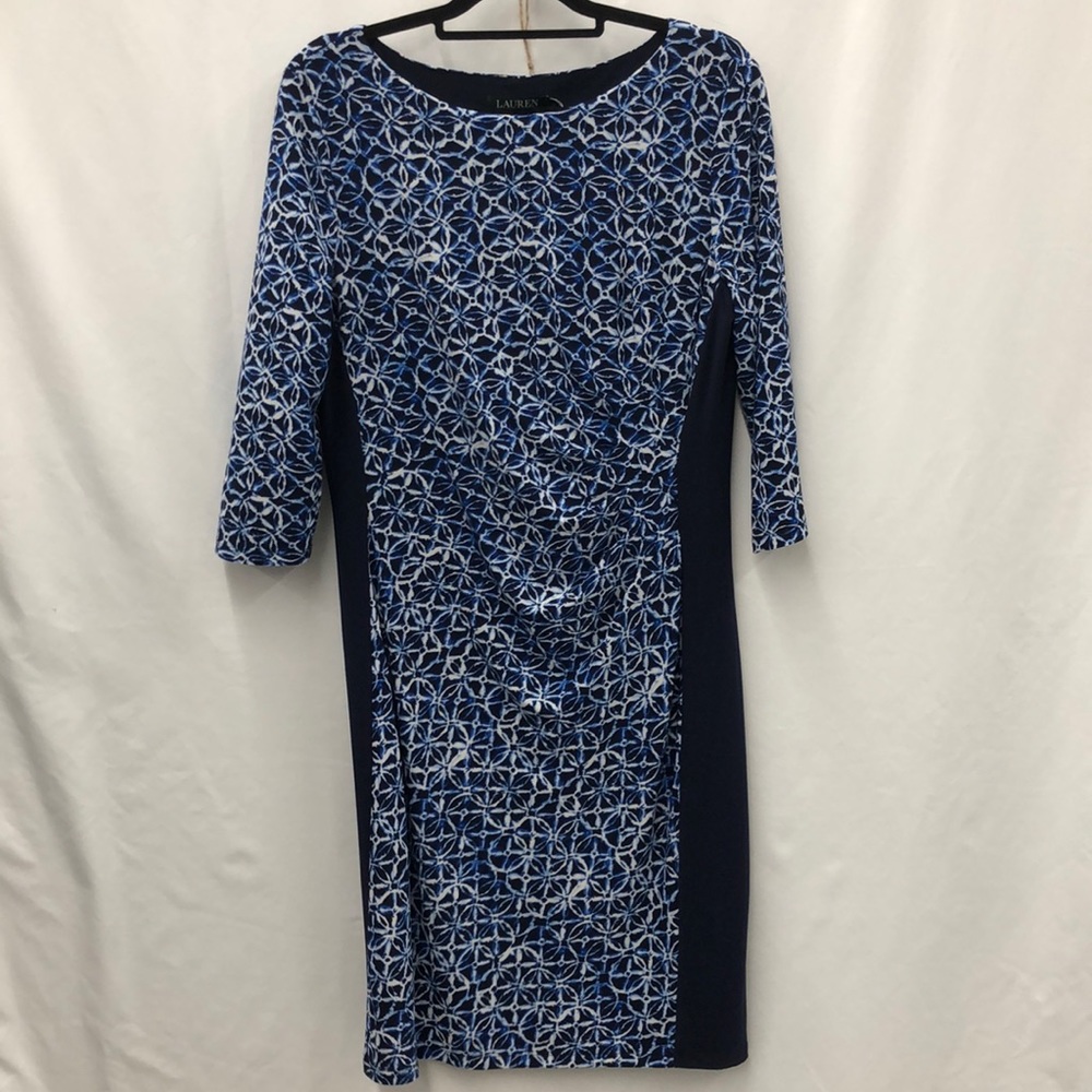 RALPH LAUREN | Blue & White Geometric Stretch 3/4 Sleeve Dress - EUC | Size 16